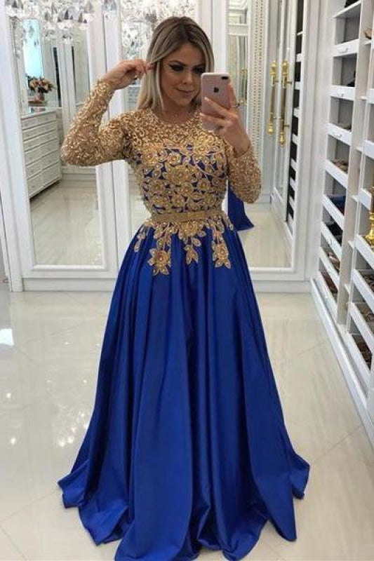 21 Adorable Blue Wedding Dresses For Romantic Celebration ❤ blue wedding  dresses a line with long sleeves gold lace t… | Blue wedding dresses, Gowns  dresses, Gowns